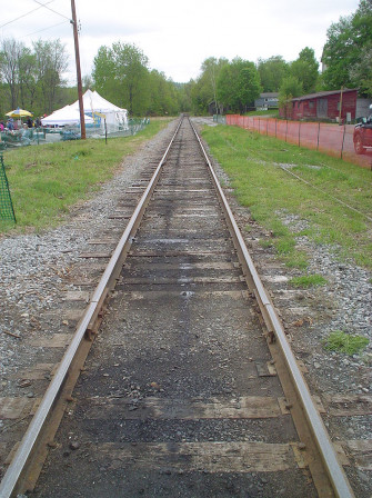 Parallel railroad tracks form a vanishing point