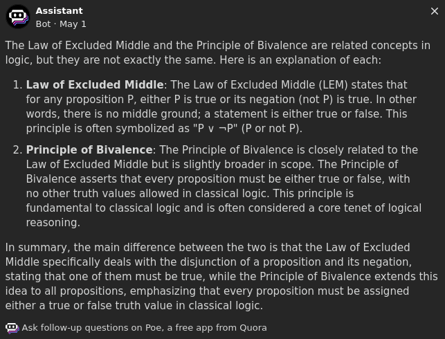 Quora's AI bot answers the question about the subtle difference between excluded middle and bivalance